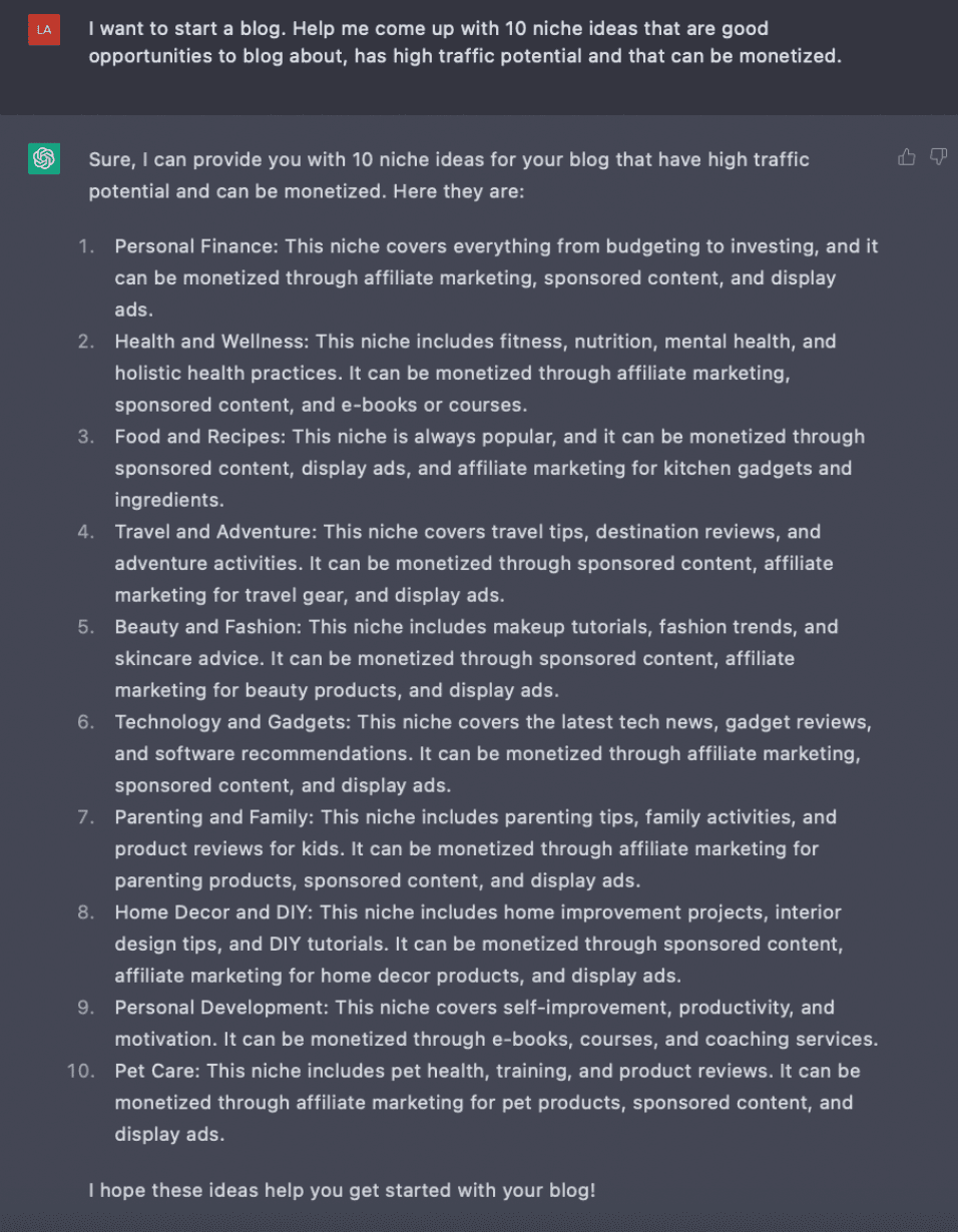 ChatGPT answer: content idea for blog posts